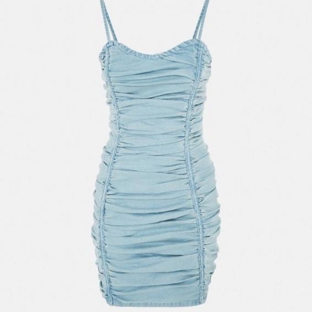 MISSGUIDED ruched denim strappy mini dress